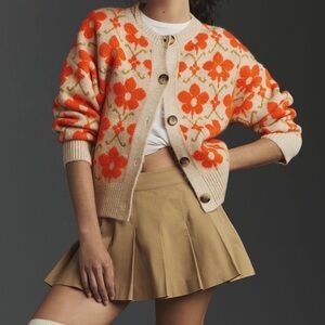 Anthropologie Orange and Cream Floral Cardigan NWT
